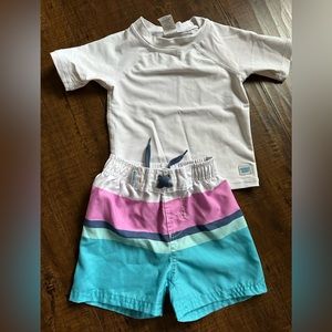 RUGGEDBUTTS 18-24 months white shirt sleeve Rash Guard with swim trunks